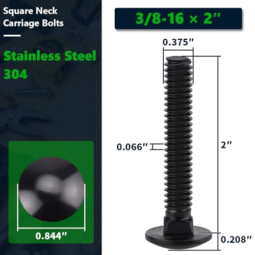 10 Sets 3/8-16 x 2 Carriage Bolts and Nuts & Flat Washers, 304 Stainless Steel 18-8, Black Coated, Heavy Duty Bolts for Home & Machinery Assembly & Repair, Automobile, by RoyceMart - size: 3/8-16 x 2"