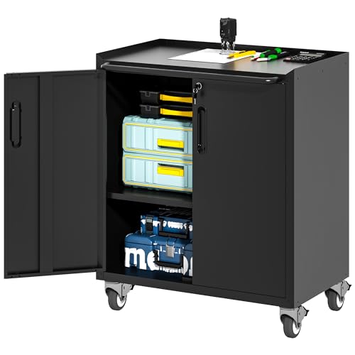 Metal Garage Tool Cabinet with 2 Lockable Doors & Wheels,Black - color: Black, style: 2 doors with wheels