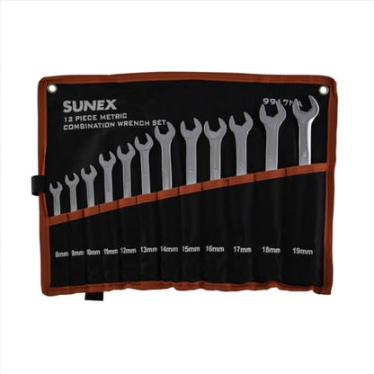 Sunex Tools 9917MA Metric V-Groove Combination Wrench Set, 8mm - 19mm, Fully Polished, 12-Piece (Includes Roll-Case)