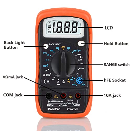Vpro850L Digital Multimeter DC AC Voltmeter, Ohm Volt Amp Test Meter, Electric Tester Ohmmeter with Diode and Continuity Detector, Backlit Display and Insulated Rubber Case Kickstand