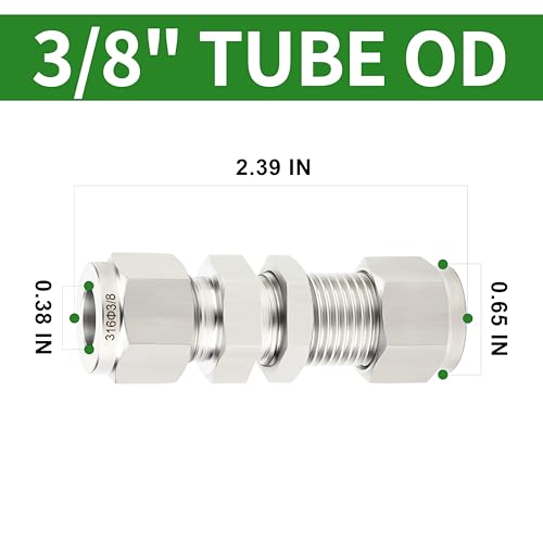 1PCS 316 Stainless Steel Thru-Bulk Bulkhead Compression Tube Pipe Fitting Connector, 3/8" Tube OD x 3/8" Tube OD Straight Adapter, for fuel/air/liquid/oil/gas - size: 3/8" Tube OD