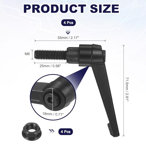 uxcell 4Pcs Adjustable Clamping Lever Handles, M8x25mm Zinc Alloy Male Thread Stud Knobs with Nuts Quick Release Bolt Rotating Screw Handles for Lathes Woodworking, Black - size: M8x25mm