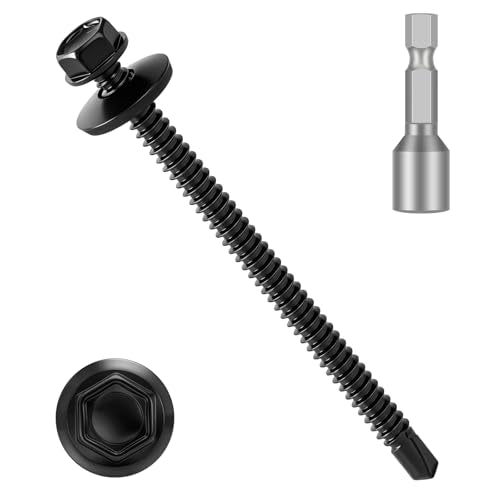 50 PCS #12 x 3 Black Self Drilling Metal Roofing Screws, Hex Head Self Tapping Sheet Metal Roof Screw with Rubber Washer for Wooden Siding - size: #12 x 3"