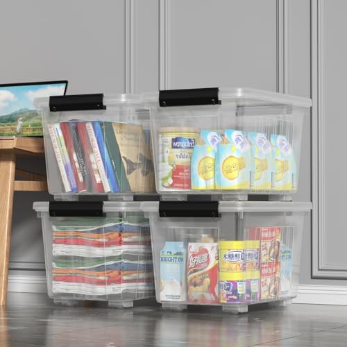 Zopnny 30 Qt Stackable Storage Bins with Lids, Clear Box and Wheels, 4-Pack - size: 30 Quart