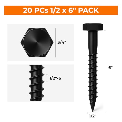 1/2 x 6 Black Lag Bolts, 20 PCs Heavy Duty Dacromet-Coated 304 Stainless Wood Lag Screws, Hex Head for Outdoor Framing Construction - color: Black, size: 1/2 x 6"