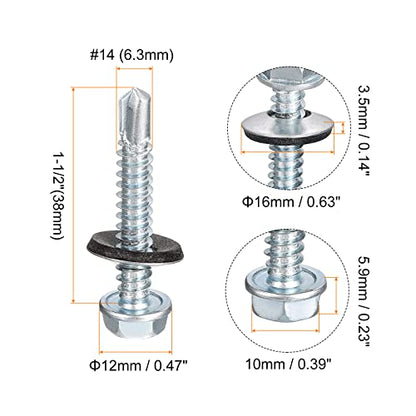 uxcell #14 x 1-1/2" Self Drilling Screws with Rubber Washer, 100pcs Zinc Plated Steel Roofing Screws Hex Head Self Tapping Screws with EPDM Washer for Metal to Metal - size: #14 x 1-1/2"