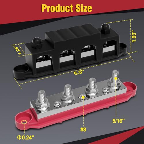 Mofeez 48V 400A Bus Bar 4 x 5/16” Post 3 x #8 Screw Terminal Power Distribution Block for Car Boat Marine (Red & Black) - size: 4 x 5/16"