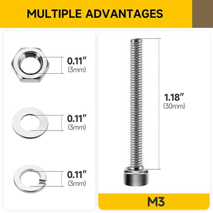 Mywish (100Sets) M3 Screw Kit, M3 x 30mm Socket Head Cap Screws Bolts, 304 Stainless Steel Allen Socket Hex Drive Bolts, Bright Finish M3 Screws with Nuts and Washers & Hex Spanner - size: M3 x 30mm