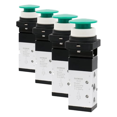 Baomain Pneumatic Mechanical Valve MV522PB 1/4"PT 2 Position 5 Way Momentary Green Mushroom Button Manual Control type Mechanical Valve Pneumatic Control Valve (Pack of 4) - size: 36 x 32 x 122 mm (Pack of 4)