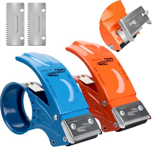 PROSUN 2 Pack Heavy Duty Metal Packing Tape Dispenser Gun and 2 Replacement Blades:2-inch Wide Tape Dispenser for Shipping, Moving, Office & Warehouse(2026 NEW Set 2" Blue + 2" Orange) - color: Orange+blue