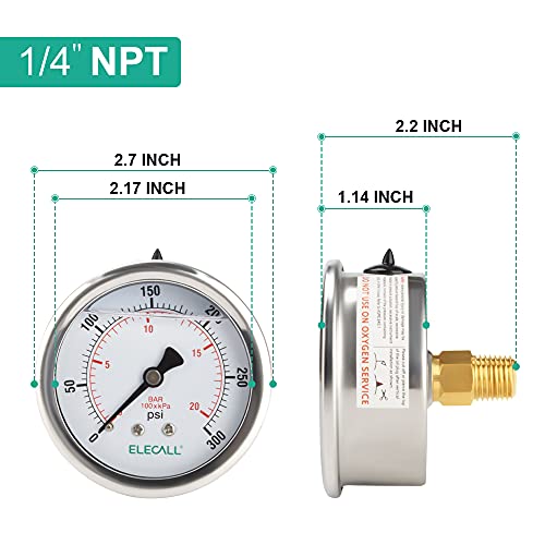 300psi Silicone Oil Filled Pressure Gauge for Water Oil Air Pressure Test in Pool Pump Sand Filter Air Compressor Water System, 2-1/2" Stainless Steel Case, Back Mount 1/4" NPT - size: 0-300 Psi, style: Back Mount
