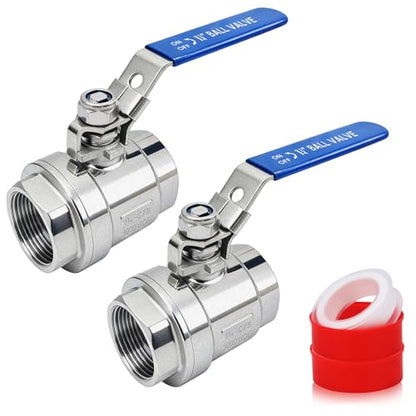 2 Pack 1-1/4'' Ball Valves 304 Stainless Steel NPT Female x Female Full Port Heavy Duty Shut Off Ball Valve 1-1/4 inch for Water, Oil, and Gas with Locking Device, 1000 WOG, Vinyl Handle - size: 1-1/4''