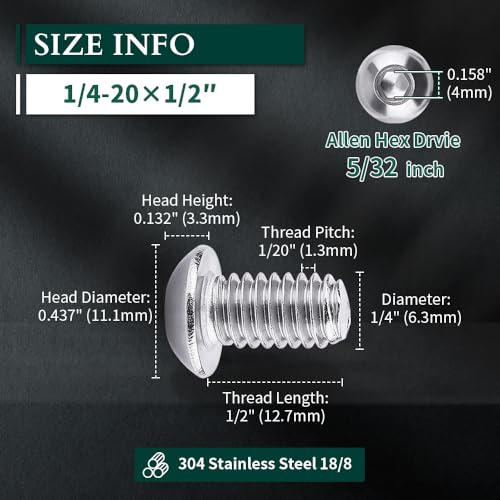 1/4-20 x 1/2" Button Head Socket Cap Bolts Screws, 304 Stainless Steel 18-8, Allen Hex Drive, Bright Finish, Fully Machine Thread, Pack of 25 - size: 1/4-20 x 1/2