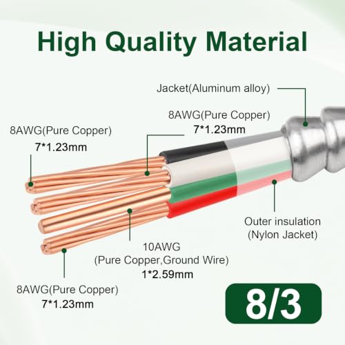 8/3 MC Cable 10 FT, Metal Clad Electrical Wire with Green Insulated Ground, 8 AWG Pure Copper Stranded Conductors, Aluminum Armor Real THHN/THWN-2, 600V 90°C Indoor/Outdoor Rated UL Listed - color: 10 FT, size: 8AWG/3