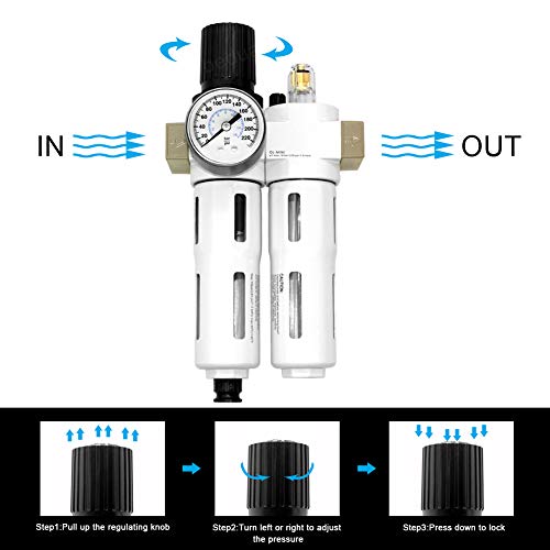 Beduan 3/8"NPT Compressed Air Filter Regulator Lubricator Combo（0-230 psi）, Air Tool Compressor Filter Water/Oil Trap Separator with Guage, Manual Drain - size: 3/8"NPT