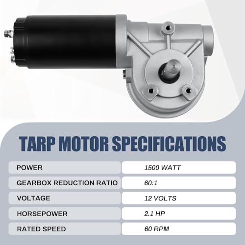 1500W 60:1 2.1HP Electric Tarp Motor for Dump Trucks Over 28' Length, Universal Tipper Truck Roll Canopy Motor for Dump Truck Tarp System with Chrome Housing Cover- 12V DC, 60RPM- 5 Years Warranty - size: 1500w 60:1