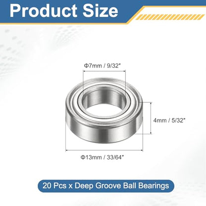 uxcell MR137ZZ Deep Groove Ball Bearing, 7mm x 13mm x 4mm 20Pcs - size: 7mm x 13mm x 4mm