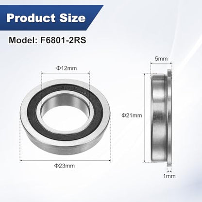M METERXITY 4-Pack F6801-2RS Flanged Ball Bearing, 12 x 21 x 5mm Double Rubber Shielded Chrome Steel (GCr15) Flange Rip Bearings for Wheelbarrow/Printer/Fax Machines/Power Tools - size: 12mm x 21mm x 5mm