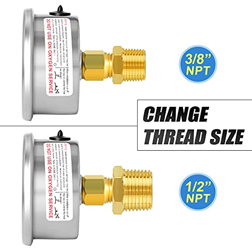 MEANLIN MEASURE 1/4" NPT 0-60psi Pressure Gauge, 2" Dial Glycerine Filled Pool Filter, 304 Stainless Steel Housing, Back Mount, with 1/2" NPT and 3/8" NPT Hex Bushing - size: 0-60Psi/0-400Kpa, style: Center Back Mount