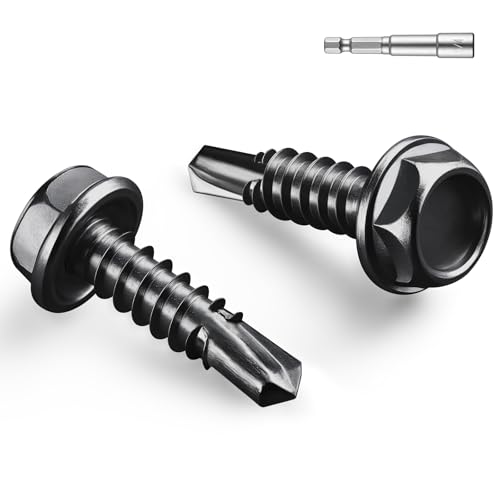 #6 x 1/2 Inch Self Drilling Screws, (318pcs) 1 lbs Black Self Tapping Screws for Metal, 410 Stainless Steel Hex Washer Head Sheet Metal Screw - color: Black 1lb Per Box, size: #6x1/2"