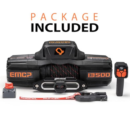 RUGCEL EMCP 13500lb Waterproof Electric Winch – 12V Synthetic Rope with Hawse Fairlead, 2-in-1 Infrared Remote, Auto Clutch & Dual-Color Rope, for Truck/SUV