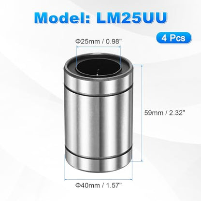 PATIKIL LM25UU Linear Ball Bearings 25mm Bore Dia 40mm OD 59mm Length, 4 Pcs Linear Motion Bushing Double Side Rubber Sealed Rod Liner Shaft Parts for CNC Machine Engraving 3D Printer - size: 25x40x59mm