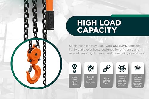 GORILA Manual Lever Hoist 360° | Manual Ratchet Chain Puller Hoist | 13225lbs - 10ft (6t - 3m) | Safety Factor 4:1 | Since 1989 - size: 13225lbs - 10ft / 6t - 3m