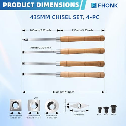 17 inch Wood Lathe Turning Tools Set 4 pcs, 17" Finisher Carbide Tipped Lathe Chisel Tool Bar, with Wooden Handles and Square Round Diamond Carbide Inserts