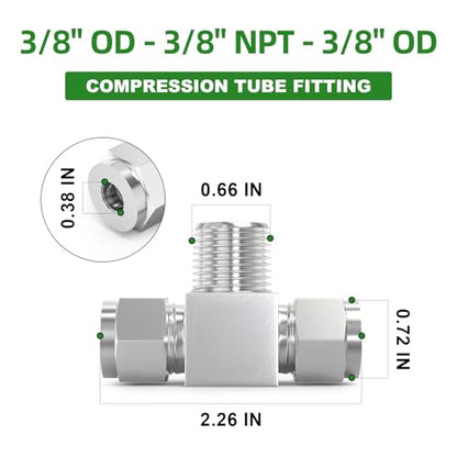 TAISHER 2PCS 304 Stainless Steel Compression Tube Pipe Fitting Connector, 3/8" Tube OD x 3/8" NPT Male x 3/8" Tube OD Tee Adapter - size: 3/8" OD x 3/8" MNPT x 3/8" OD Tee