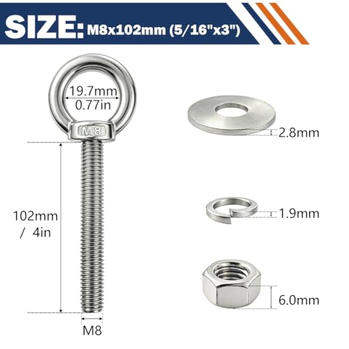 4 Pack M8 Stainless Steel Eye Bolts with Nuts, 5/16"x4" Long Lifting Ring Eye Bolt,Eye Bolts Heavy Duty for Hang Tie Down Outdoor (4, M8x102mm (5/16"x4")) - size: M8x102mm (5/16"x4")
