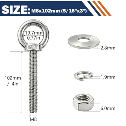 4 Pack M8 Stainless Steel Eye Bolts with Nuts, 5/16"x4" Long Lifting Ring Eye Bolt,Eye Bolts Heavy Duty for Hang Tie Down Outdoor (4, M8x102mm (5/16"x4")) - size: M8x102mm (5/16"x4")