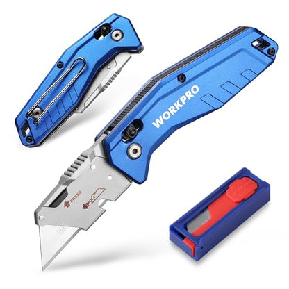 WORKPRO Premium Axis Lock Utility Knife Folding, Heavy Duty Metal Box Cutter with Quick Open Lock, Quick Change Blade Razor Knife, Foldable Pocket Knife with Belt Clip