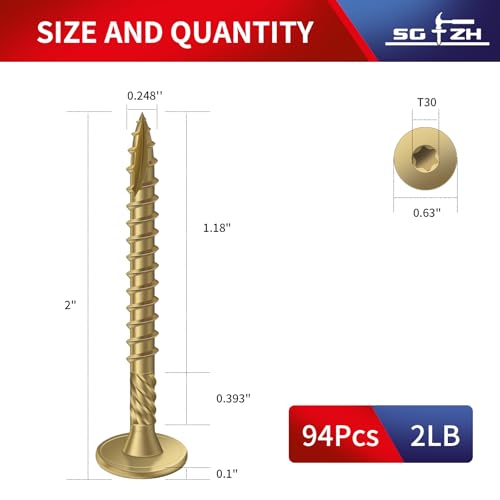 #14 x 2 Inch Outdoor Structural Wood Deck Screws (94Pcs/2lb), Carbon Steel, Tan, Flat Head, Rust Resistant Epoxy Coated, T30 Star Bit - color: Tan, size: #14 x 2"