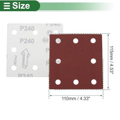 50 Pcs Rectangle Sandpaper 8 Hole 240 Grit Hook and Loop Sanding Sheets Universal for Automotive Refinishing Woodworking 115x110mm Aluminum Oxide Red - size: 240 Grit