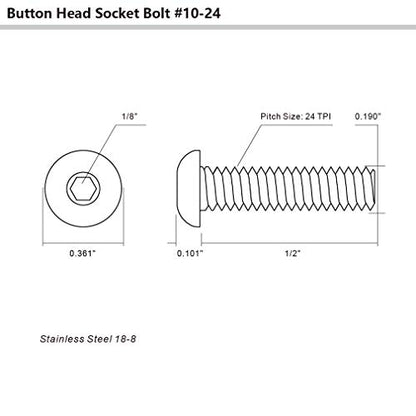 10-24 x 1/2" Button Head Socket Cap Bolts Screws, Stainless Steel 18-8 (304), Bright Finish, Full Thread, Allen Hex Drive, 100 PCS - size: 10-24 x 1/2"