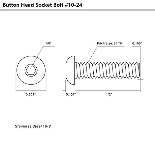 10-24 x 1/2" Button Head Socket Cap Bolts Screws, Stainless Steel 18-8 (304), Bright Finish, Full Thread, Allen Hex Drive, 100 PCS - size: 10-24 x 1/2"