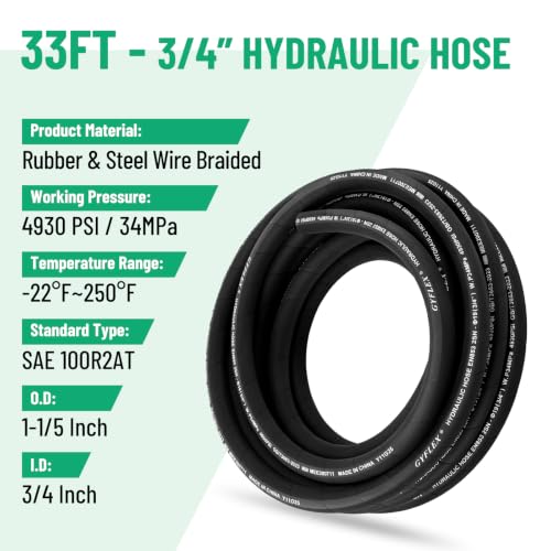 33FT 3/4" Hydraulic Hose with 12PCS Hydraulic Hose Fittings - size: 3/4" Hydraulic Hose - 33FT