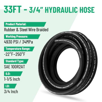 33FT 3/4" Hydraulic Hose with 12PCS Hydraulic Hose Fittings - size: 3/4" Hydraulic Hose - 33FT