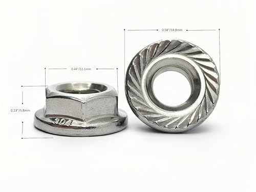 1/4-20 Serrated Flange Hex Lock Nuts 50 Pcs 304 Stainless Steel 18-8, Full Thread, Hex Drive, Bright Finish - size: 1/4"-20