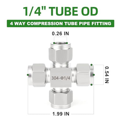 TAISHER 1PCS 304 Stainless Steel 4 Way Compression Tube Pipe Fitting Connector, 1/4" x 1/4" x 1/4" x 1/4" Tube OD Adapter