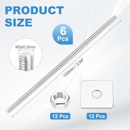 MECCANIXITY 6Set M3x100mm Fully Threaded Rod Threaded Rods Bar Studs - size: M3x100mm