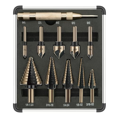 GMTOOLS 5Pcs Step Drill Bit & 5Pcs Countersink Drill Bit Set, Titanium Coated, 50 Sizes of Step Bit for Metal with Aluminum Case, Multiple Hole Stepped Up Bits for DIY - style: 11PCS