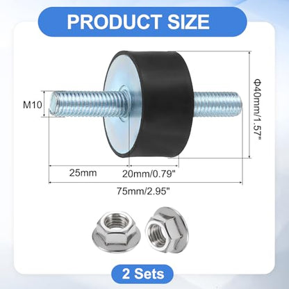 uxcell 2Pcs M10 x 25mm Rubber Mounts, 20 x 40mm Cylindrical Anti Vibration Isolator Studs Shock Absorber Double Studs with Nuts for Car Bobbin Generator Air Compressors - size: M10 x 25mm, 20 x 40mm