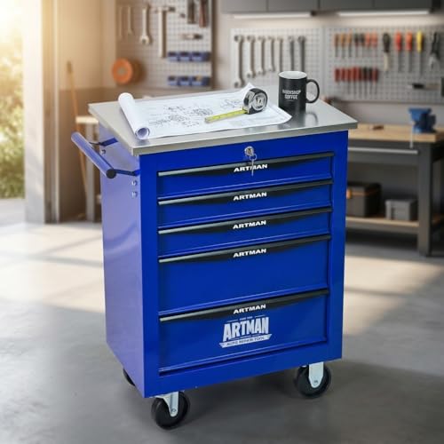 Rolling Tool Chest,Stainless Steel Worktop,Blue,5‑Drawer - color: Blue, size: 5-Drawers