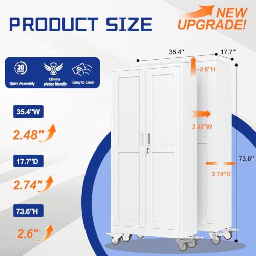 GAIOUS 73.6” Tall Metal Garage Storage Cabinet with Lock, Steel Tool Cabinet with 5 Adjustable Shelves, New Upgrade Lockable File Cabinet with Wheels, Organization for Home Office Garage Gym - White - color: White, size: 17.7"D x 35.4"W x 73.6"H