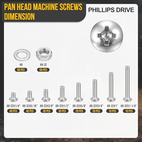 DTGN #8-32 Phillips Pan Head Machine Screw W/Nut&Washer 304 300Pcs - size: #8-32