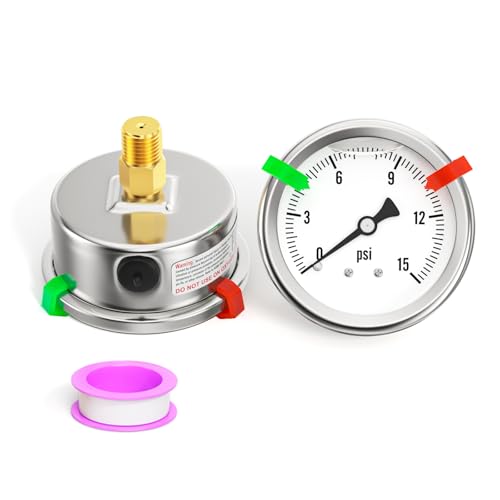 0-15PSI Stainless Steel Liquid Filled Pressure Gauge, 2.5" Single Scale Face Dial, 1/4" NPT Back Mount, for Tube, Water Pump, Gas, Liquid, Pressure Test (with Range Mark Pointer) - size: 0-15 psi
