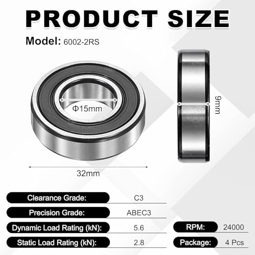 uxcell 4Pcs 6002-2RS Deep Groove Ball Bearings, 15x32x9 mm High Speed Double Rubber Seal Bearings Pre-Lubricated and Stable for Industrial Machinery Repairs 3D Project - size: 6002-2RS(15x32x9 mm)