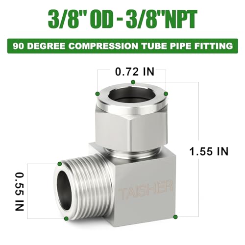 TAISHER 2PCS 304 Stainless Steel Square 90 Degree Compression Tube Pipe Fitting Connector, 3/8" Tube OD x 3/8" NPT Male Adapter - size: 3/8" OD x 3/8" MNPT