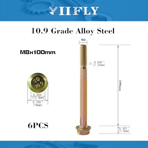 M8 x 100mm Flanged Hex Head Bolts, M8x1.25 Pitch, Grade 10.9 Alloy Steel, Color Zinc Plated, Half Thread, 6 Pack - size: M8 x 100mm(6PCS)